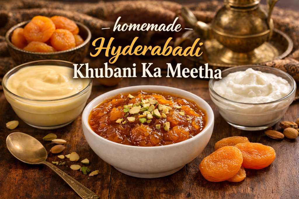 ingredients to add in homemade Hyderabadi khubani ka meetha, including dry apricots, sugar syrup, custard and fresh cream